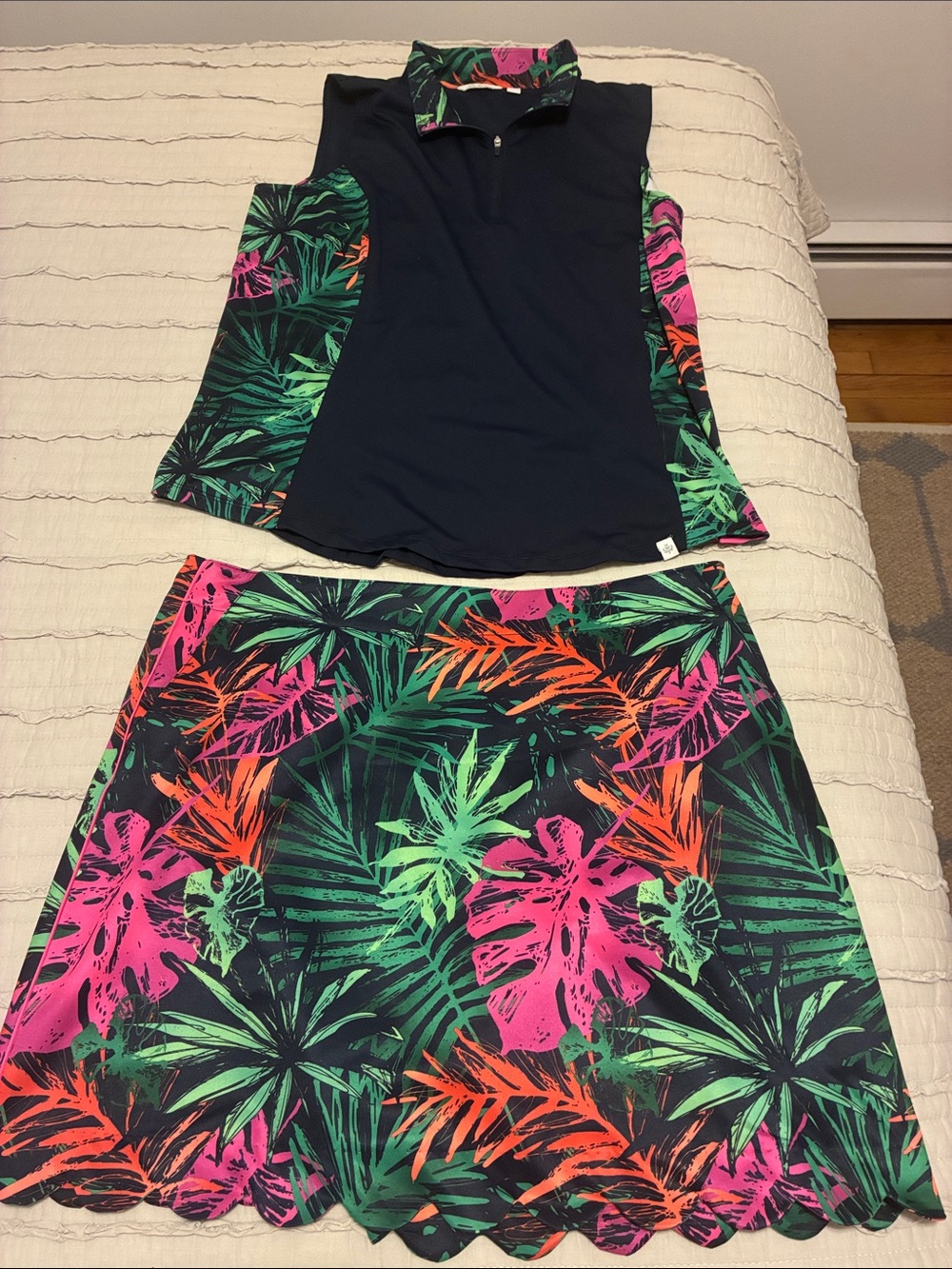 Golf Skort and Top. Tropical Print Scallop Hem Skirt - Pink & Green